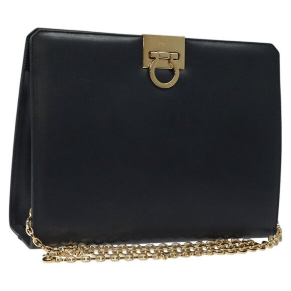 Salvatore Ferragamo Gancini Chain Shoulder Bag Leather Navy Gold Auth BD1060 - Picture 1 of 16